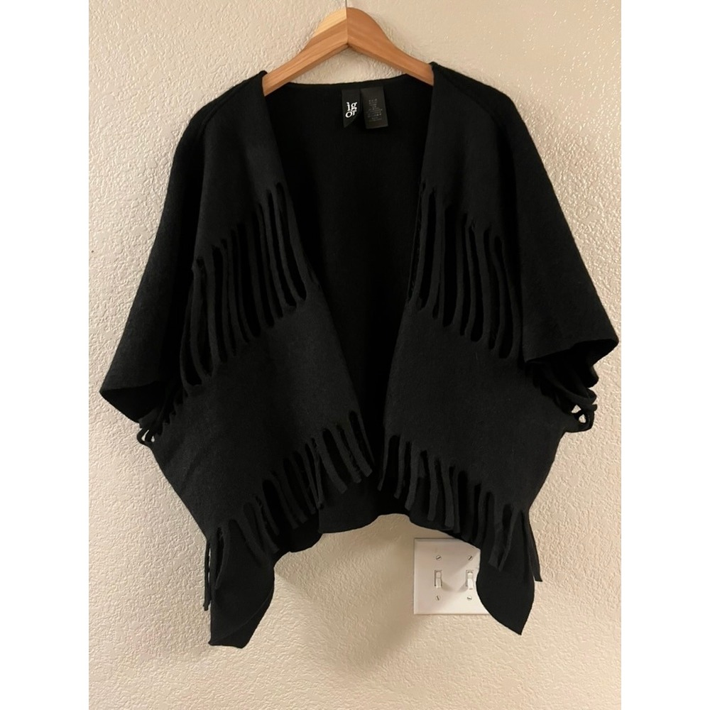 Igor York Black Wool Blend Slashed Fringe Open Front Poncho Wrap S/M Croatia